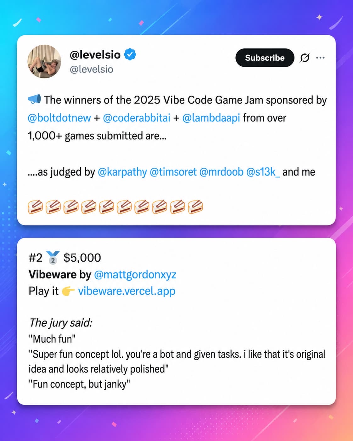 @levelsio announcing Vibeware as 2nd place winner of the 2025 Vibe Code Game Jam